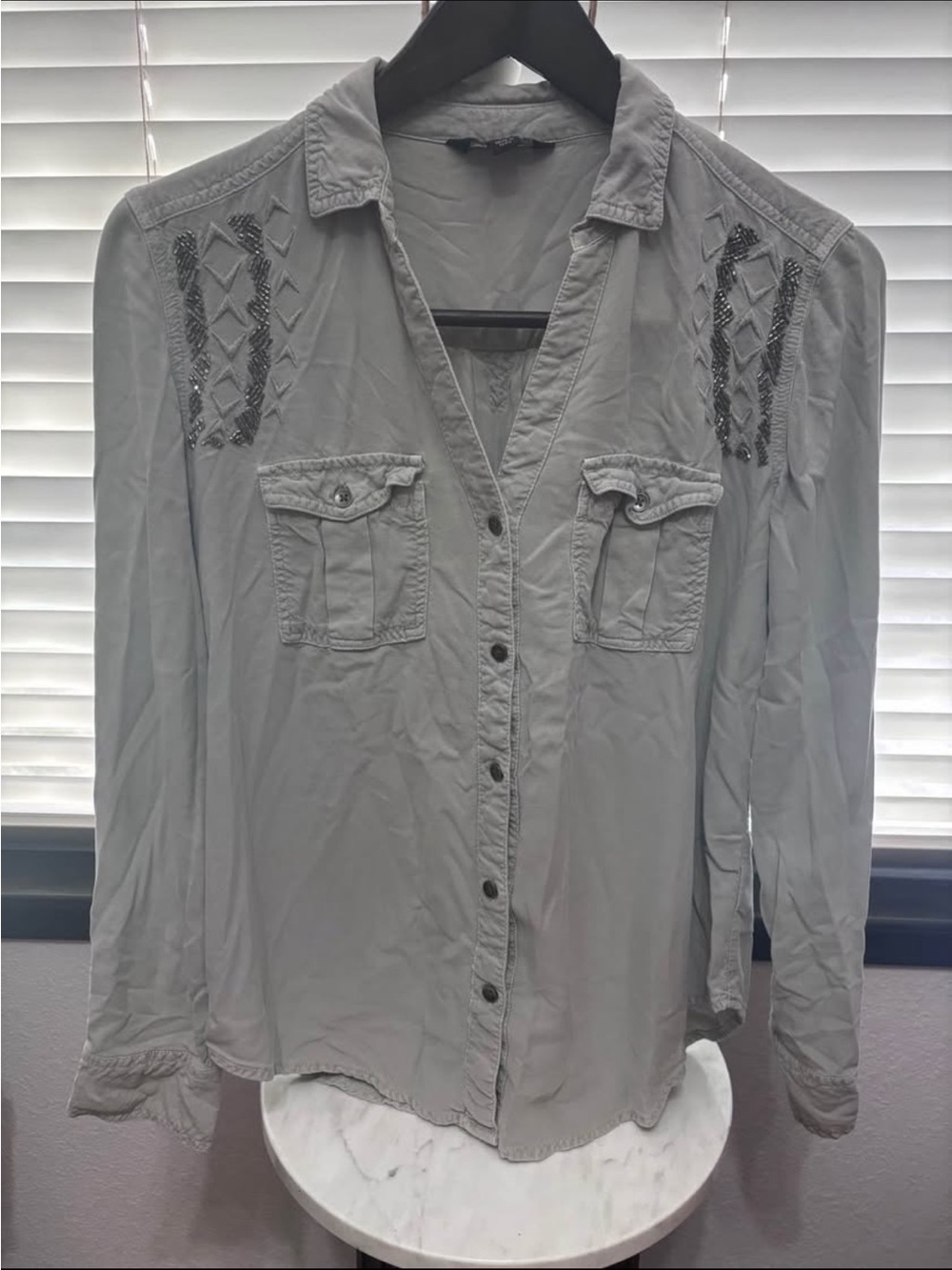 Rock & Republic Gray Button-Down Shirt with Beaded Shoulder Detail